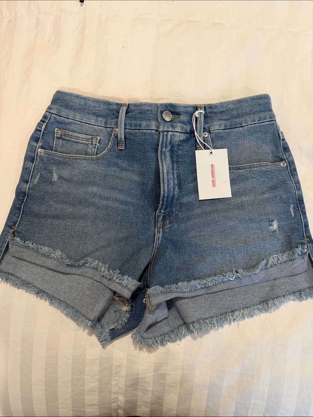 Good American Light Blue Frayed Hem Denim Shorts